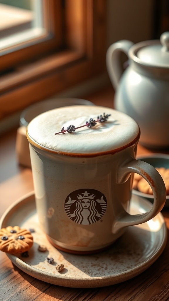 Easy Starbucks-Style London Fog Latte Recipe A cup of London Fog Latte with frothy milk and lavender garnish on a wooden table with cookies.